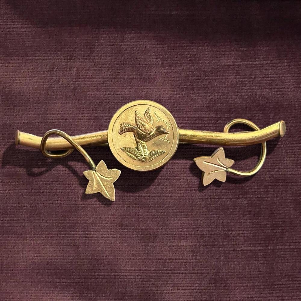 Victorian Bird & Ivy Bar Pin Antique Aesthetic Movement 2.5” Gold Filled Brooch